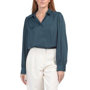 MODERN WORKS Majolica Blue Puff Sleeve Hi-low Button Front Blouse